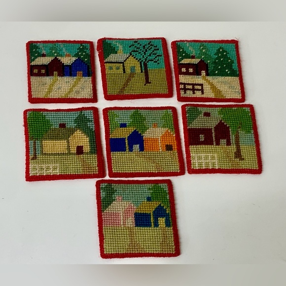 (Lot of 7) 1940s WWII Era Homemade Hand Knitted Country House Scene Coasters - Picture 3 of 12